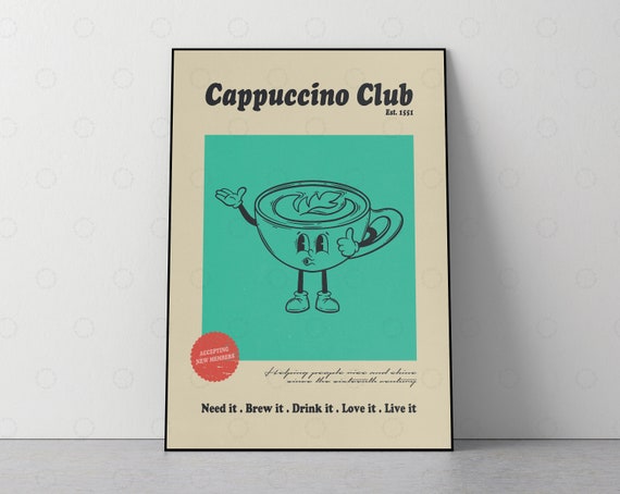 Cappuccino Print Retro Poster Vintage Coffee Lover Modern Kitchen Decor Drink Pop Art 50s 60s Quote