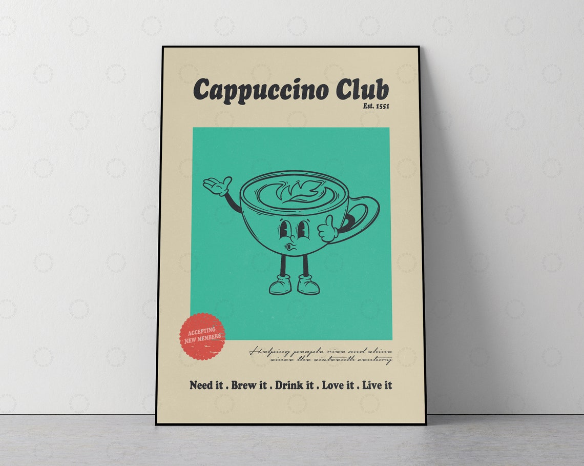 Cappuccino Club Retro Cartoon Coffee Cup Lover Kitchen Poster