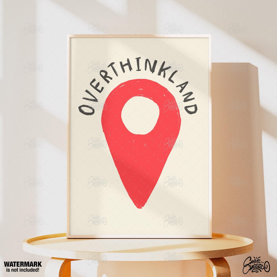 Overthinkland Funny Quote Poster With Red Map Pin on Beige Background - Image 4