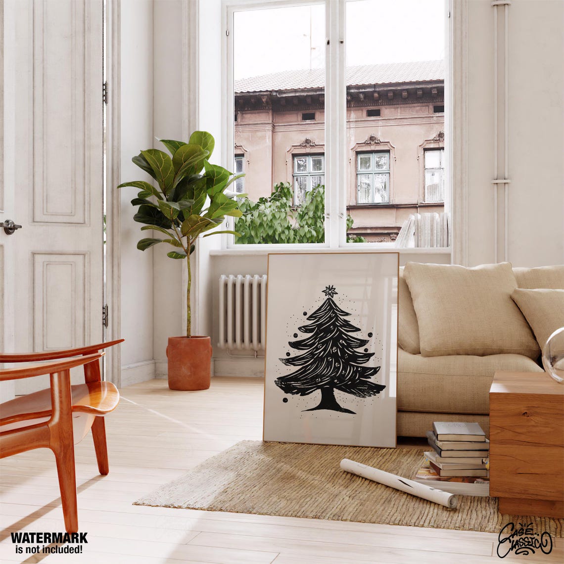 Minimalist Black Ink Christmas Tree Sketch White Background Poster