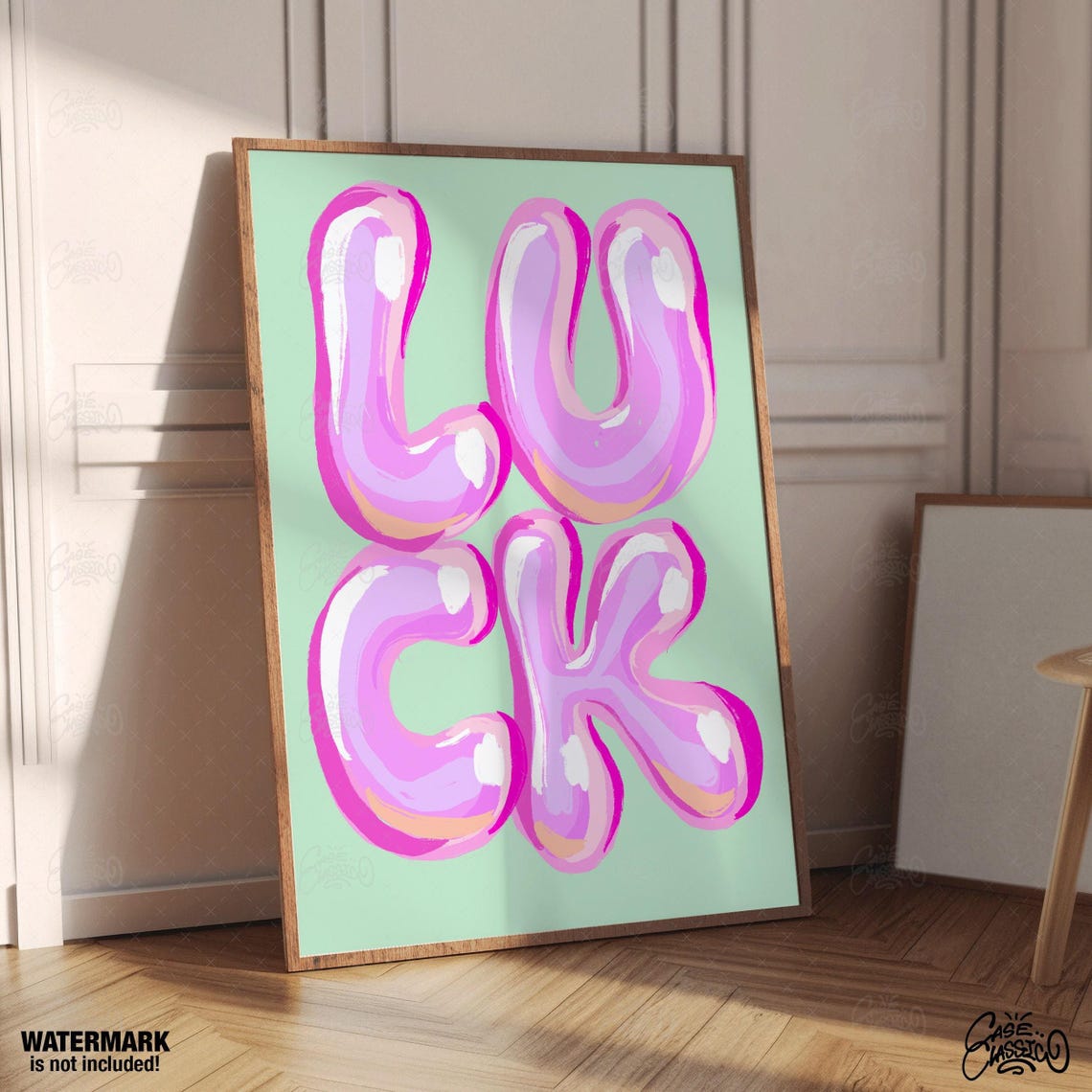 LUCK Glossy Shiny Bubble Letter Poster in Pink Shine on Mint Green - Image 4