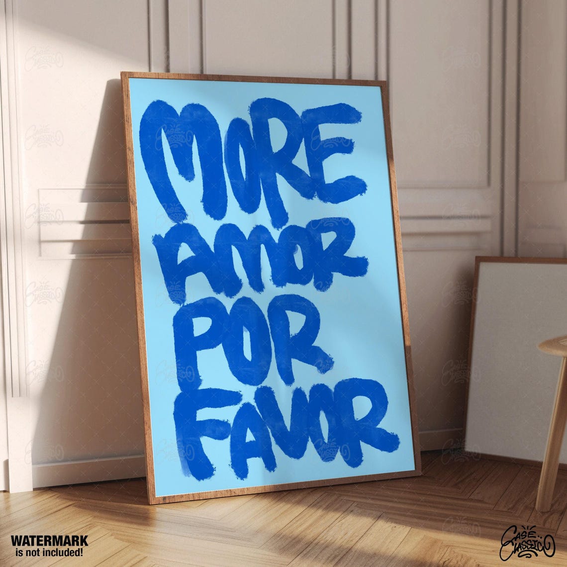 More Amor Por Favor Blue Brush Lettering Poster on Light Blue Backdrop
