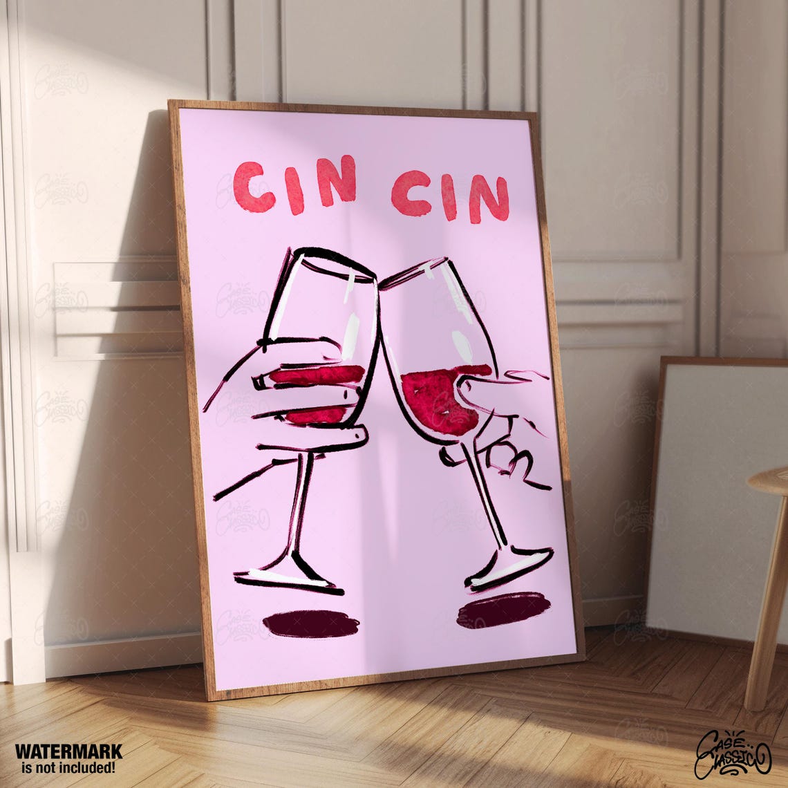 Cin Cin Pink Italian Wine Toast Clinking Glasses Illustration Poster - Image 4