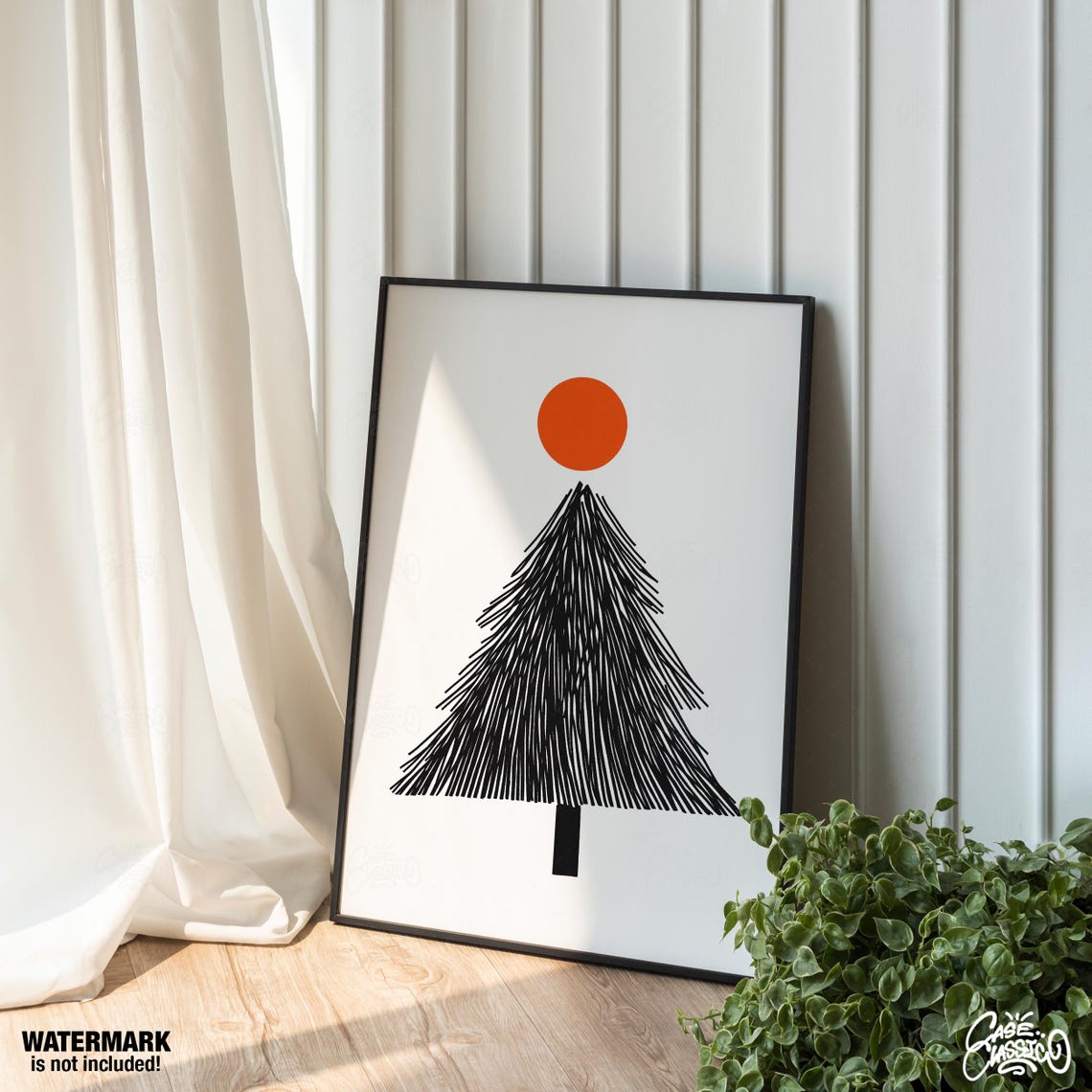 Black Line Christmas Tree with Orange Sun Mid Century Poster - Image 2
