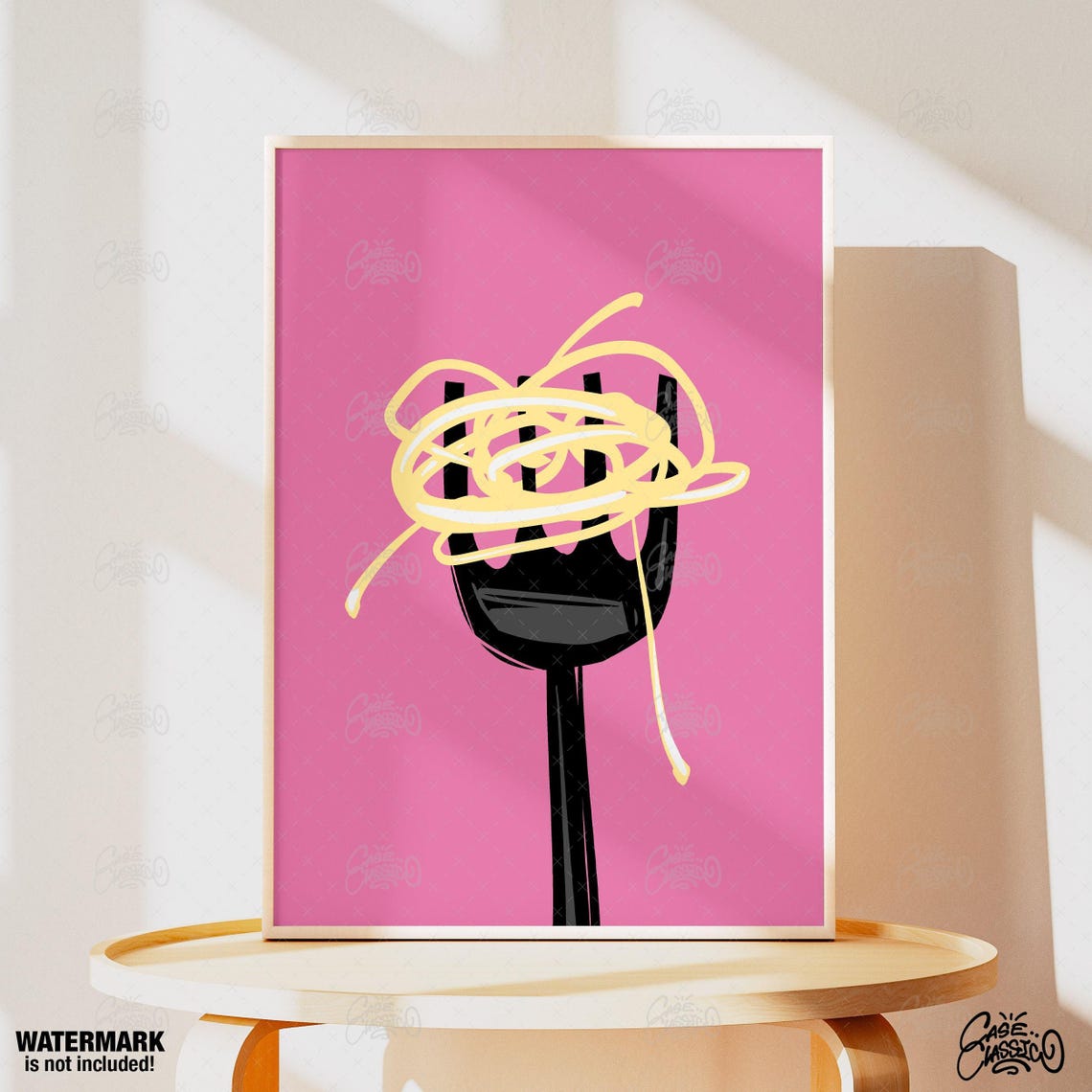 Playful Spaghetti Fork Twirled Noodles Hot Pink Kitchen Poster