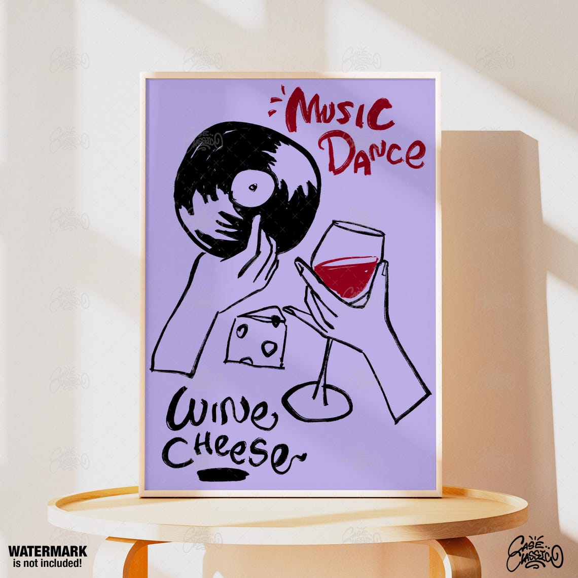 Music Dance Wine Cheese Violet Illustrated Kitchen Bar Poster