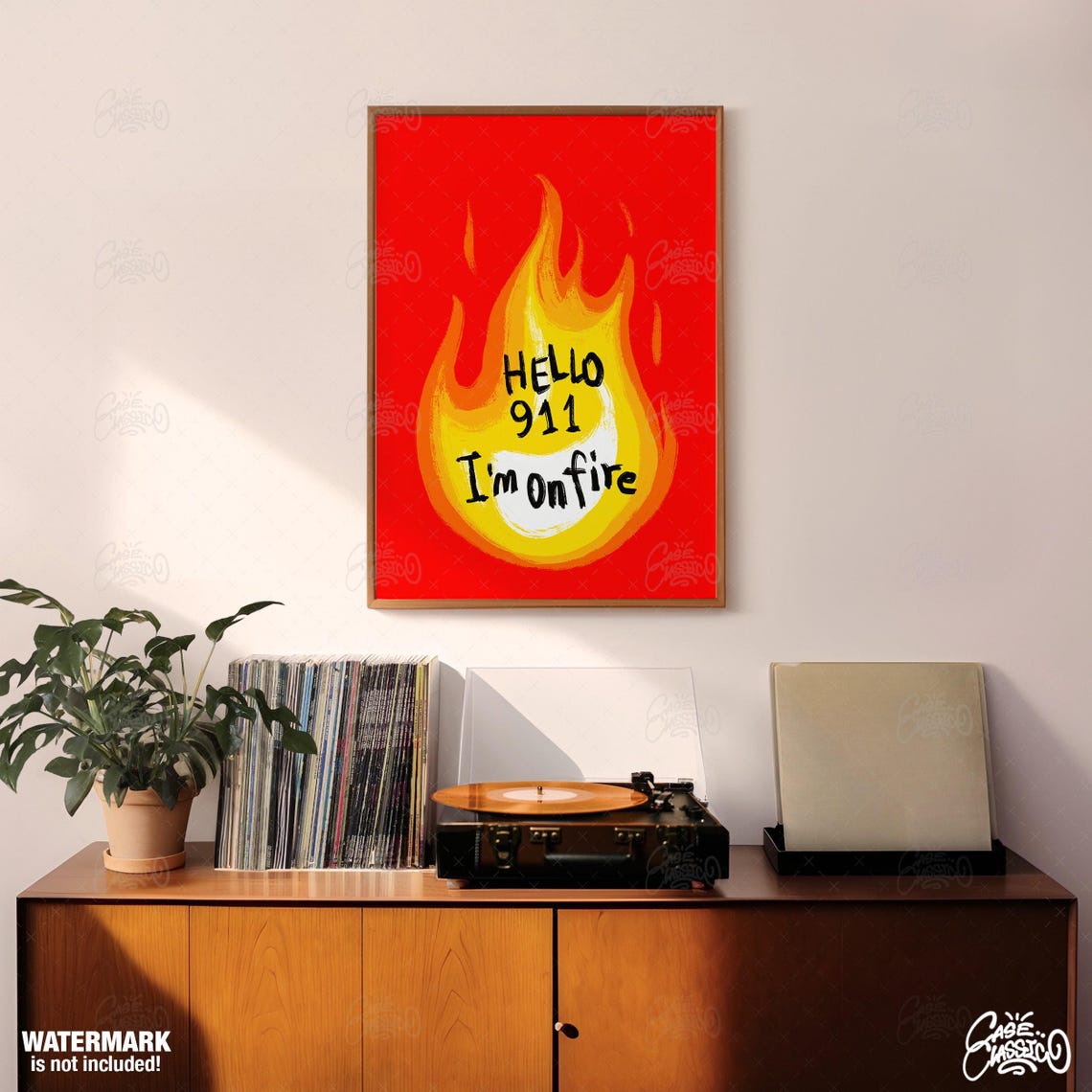 Cheeky Hello 911 I'm On Fire Burning Red Flame Statement Poster - Image 3