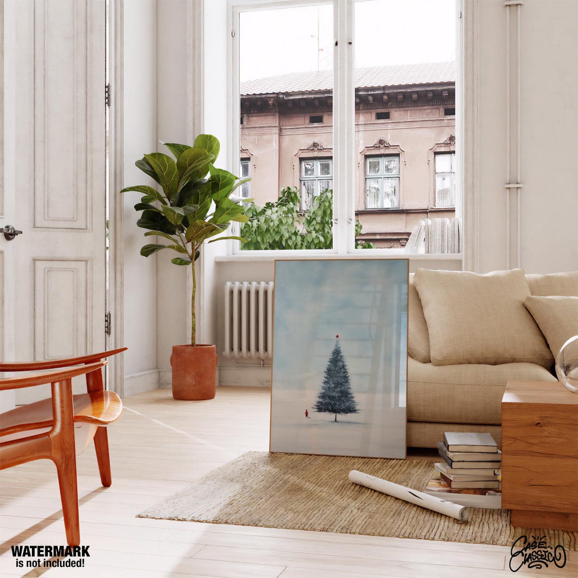 Snowy Christmas Tree with Red Star Serene Winter Landscape Poster - Image 2