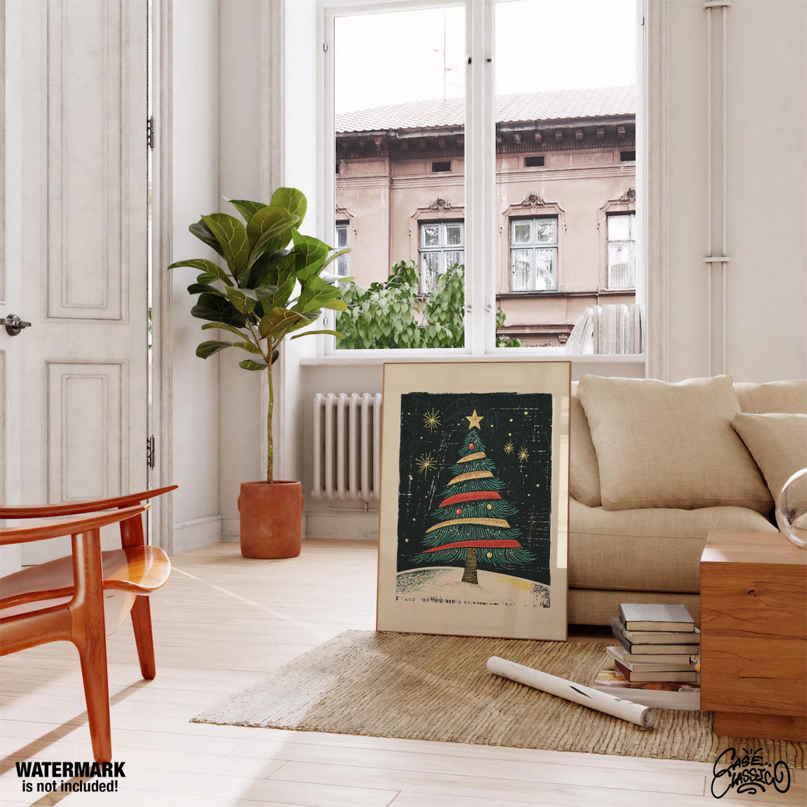 Colorful Striped Christmas Tree Linocut Style Starry Night Poster - Image 3