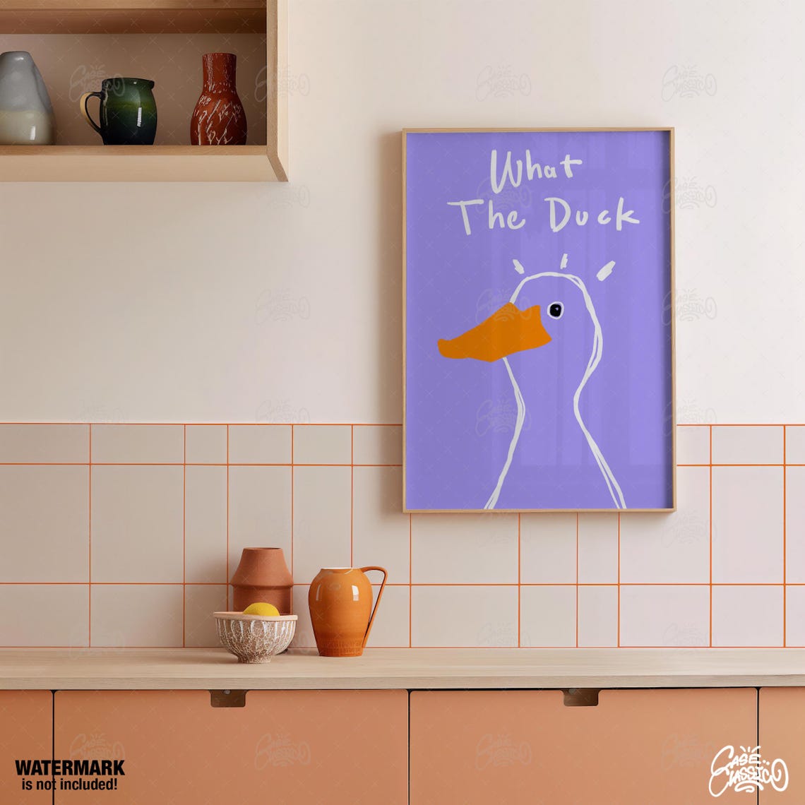 What The Duck Quirky Orange Duck Drawing Purple Bathroom Wall Poster - Image 3