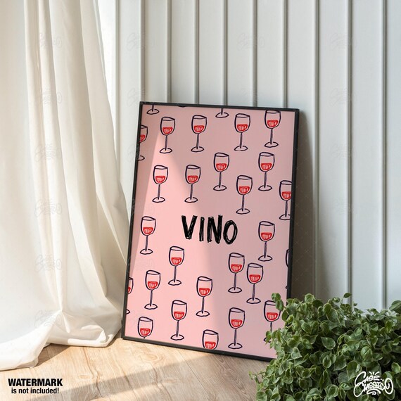 Vino Wine Glass Pattern Playful Pink Bar Cart Art Kitchen Poster