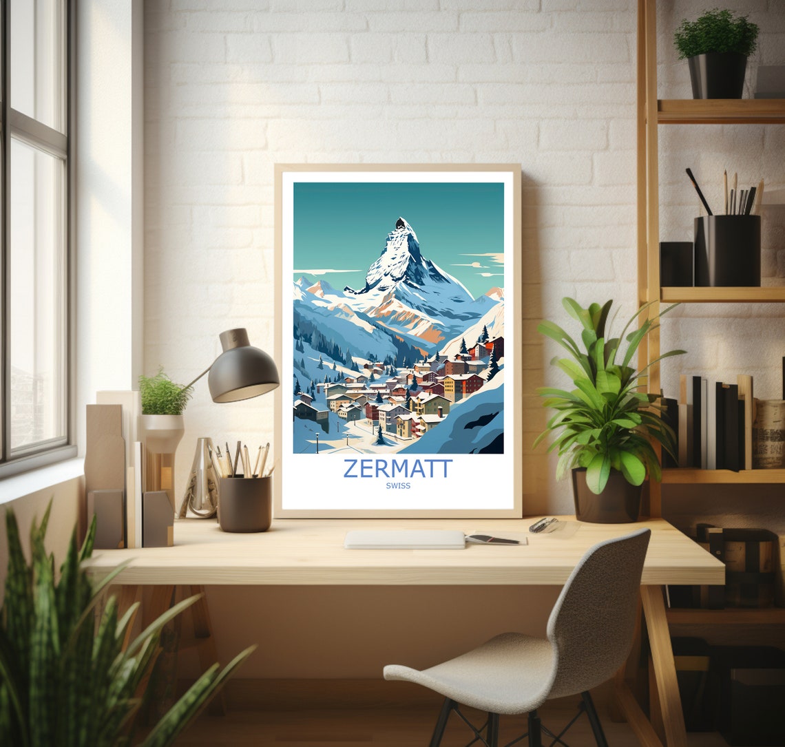 Zermatt Matterhorn Snowy Village Swiss Alpine Scene Travel Poster - Image 3