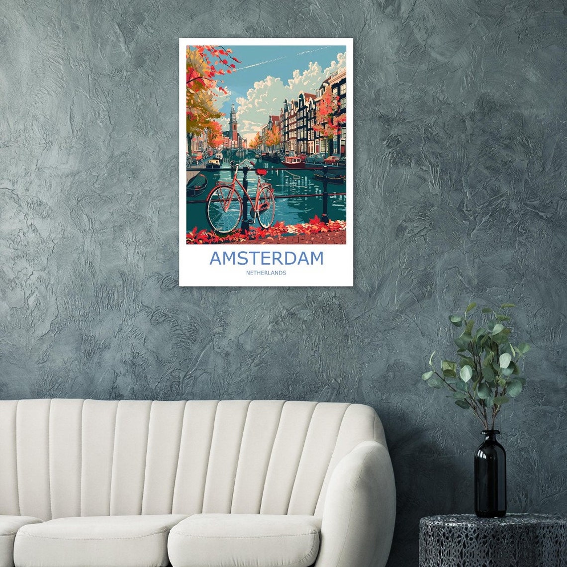 Amsterdam Canal Autumn Scene With Red Bicycle Vintage Travel Poster - Image 3