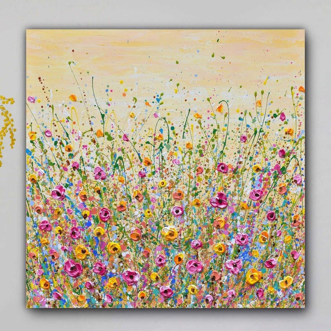 Yellow Pink Flower Field Painting Wildflower Meadow Summer Wall Poster - Image 3