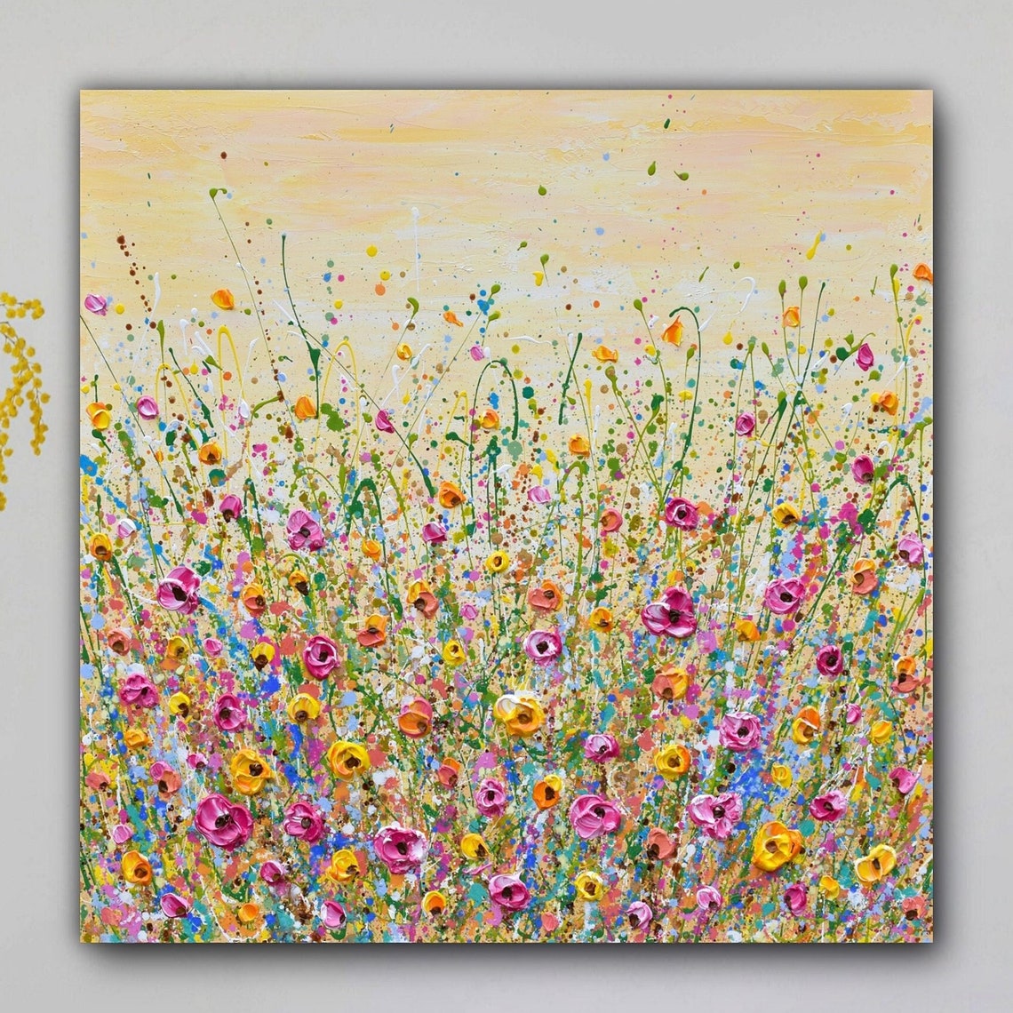 Yellow Pink Flower Field Print Wildflower Meadow Wall Art Gicle Of Impasto Floral Painting Gift For Wife - Image 3