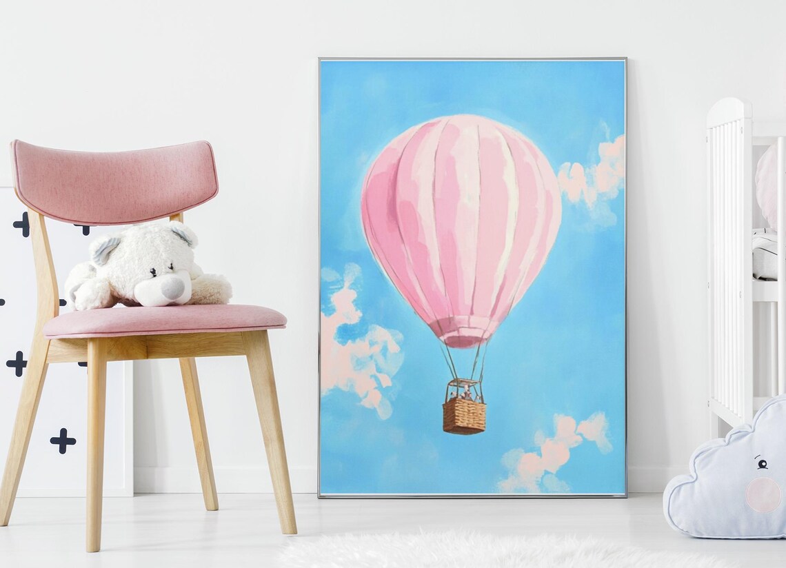 Pink Hot Air Balloon Drifting In Bright Blue Sky Nursery Poster - Image 2