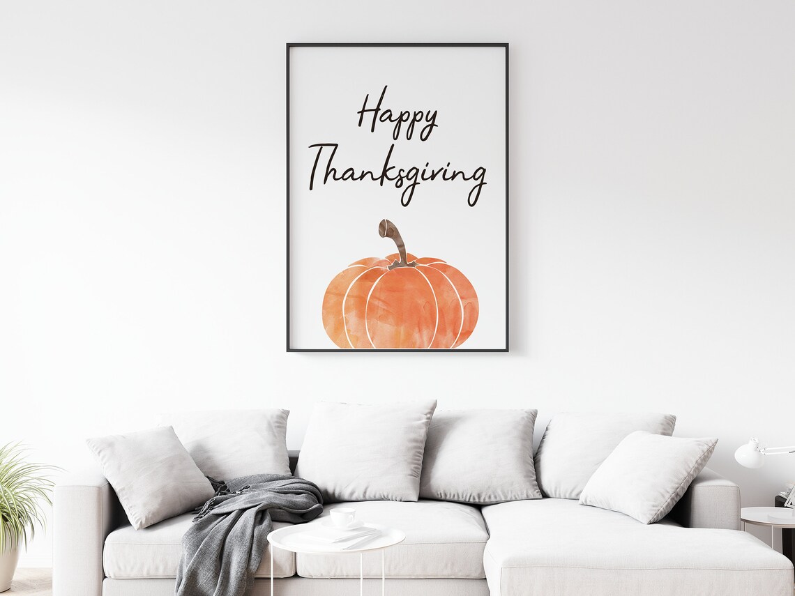 Happy Thanksgiving Calligraphy Script Orange Pumpkin Watercolor Wall Art - Image 2