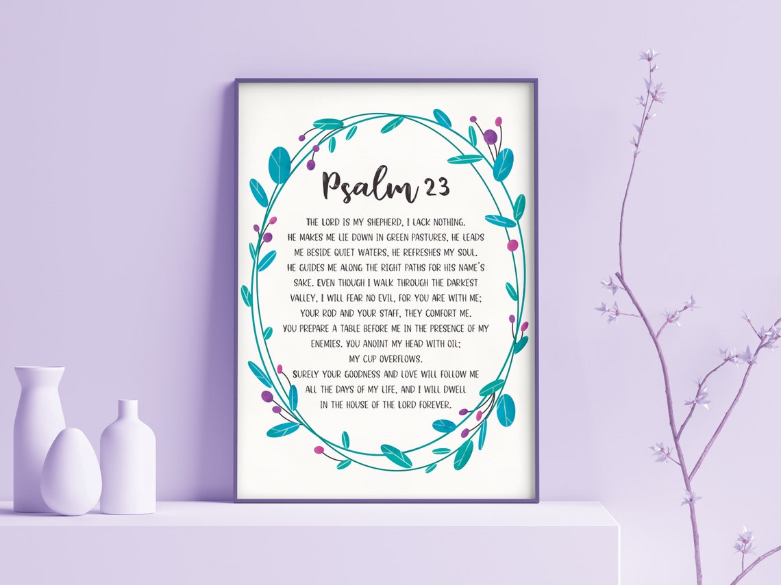 Psalm 23 Full Passage Navy Text Teal Floral Wreath Scripture Wall Art - Image 2