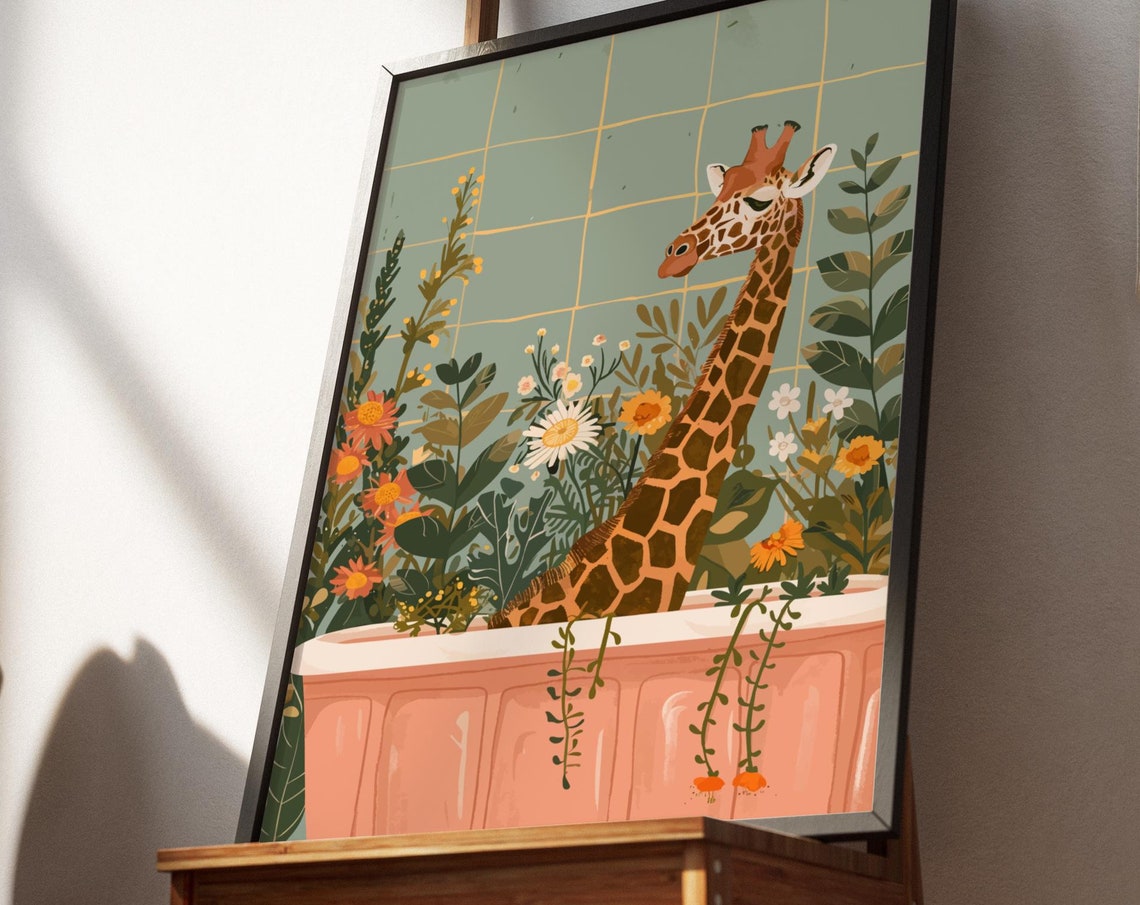 Giraffe in Pink Bathtub Sage Tiled Tropical Floral Wall Poster - Image 4