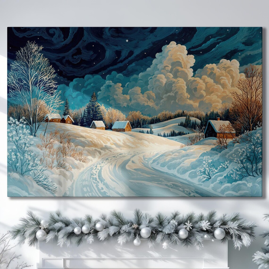 Snow Covered Cottages Under A Swirling Starry Night Sky Poster
