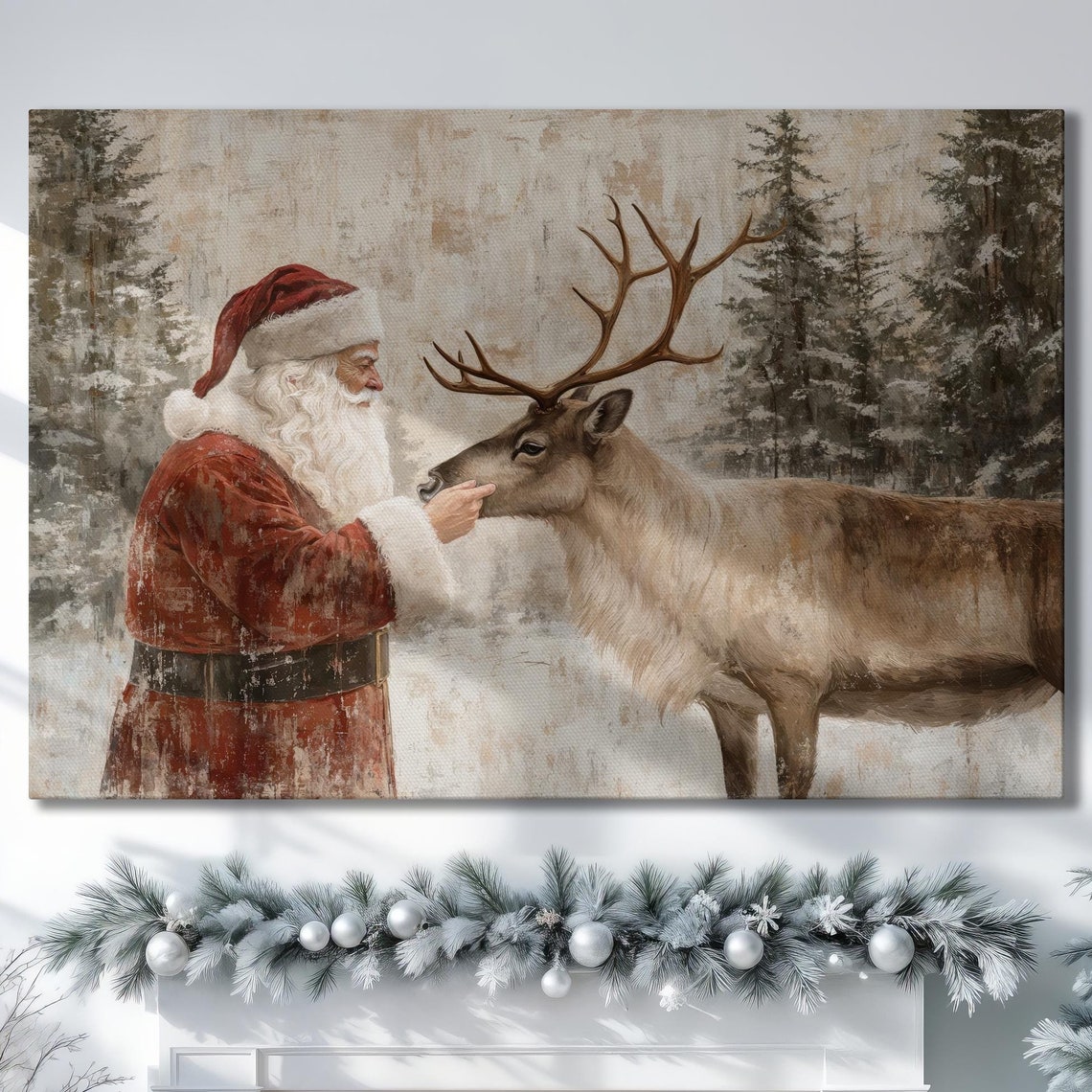 Santa Claus with Reindeer in a Snowy Forest Christmas Poster