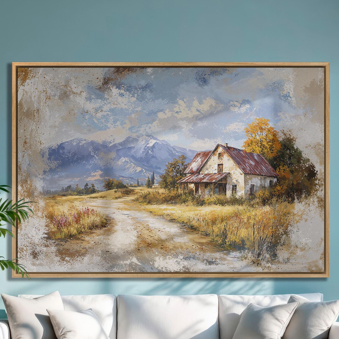 Weathered Farmhouse with Red Tin Roof in Autumn Valley Poster
