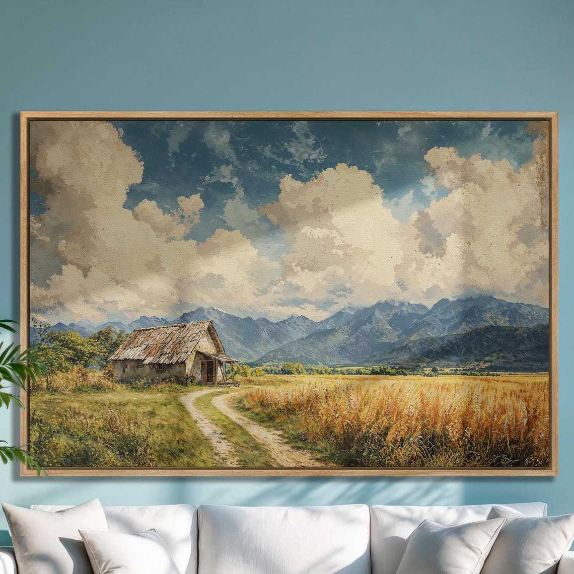 Rustic Cabin Beside a Country Road Beneath Mountain Peaks Poster