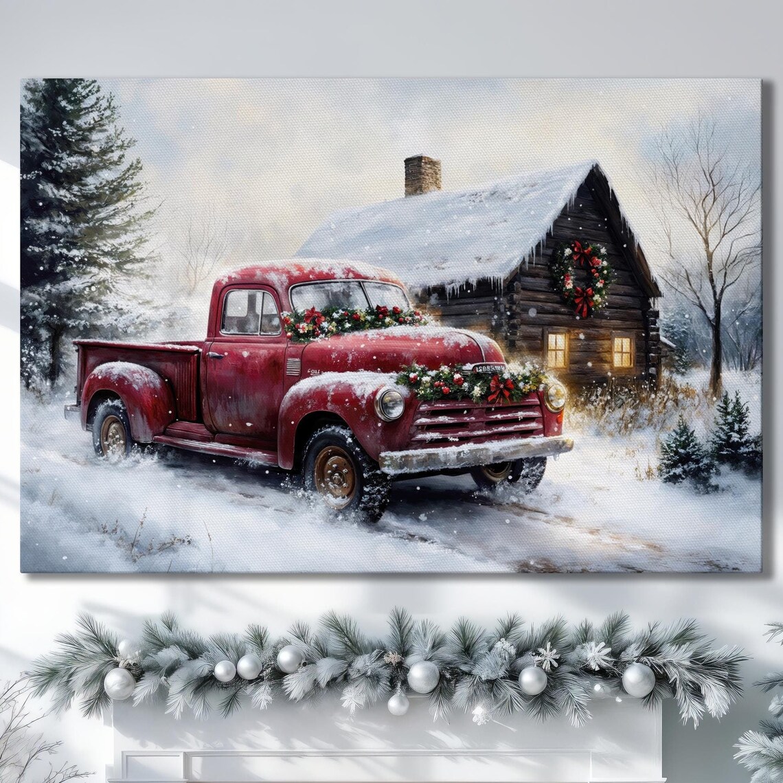 Classic Red Vintage Pickup Truck At Snowy Christmas Cabin Poster