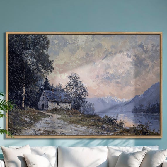 Rustic Cabin On Mountain Lake Framed Print Nature Landscape Wall Art Forest Misty Morning Home Wall Decor Ready To Hang
