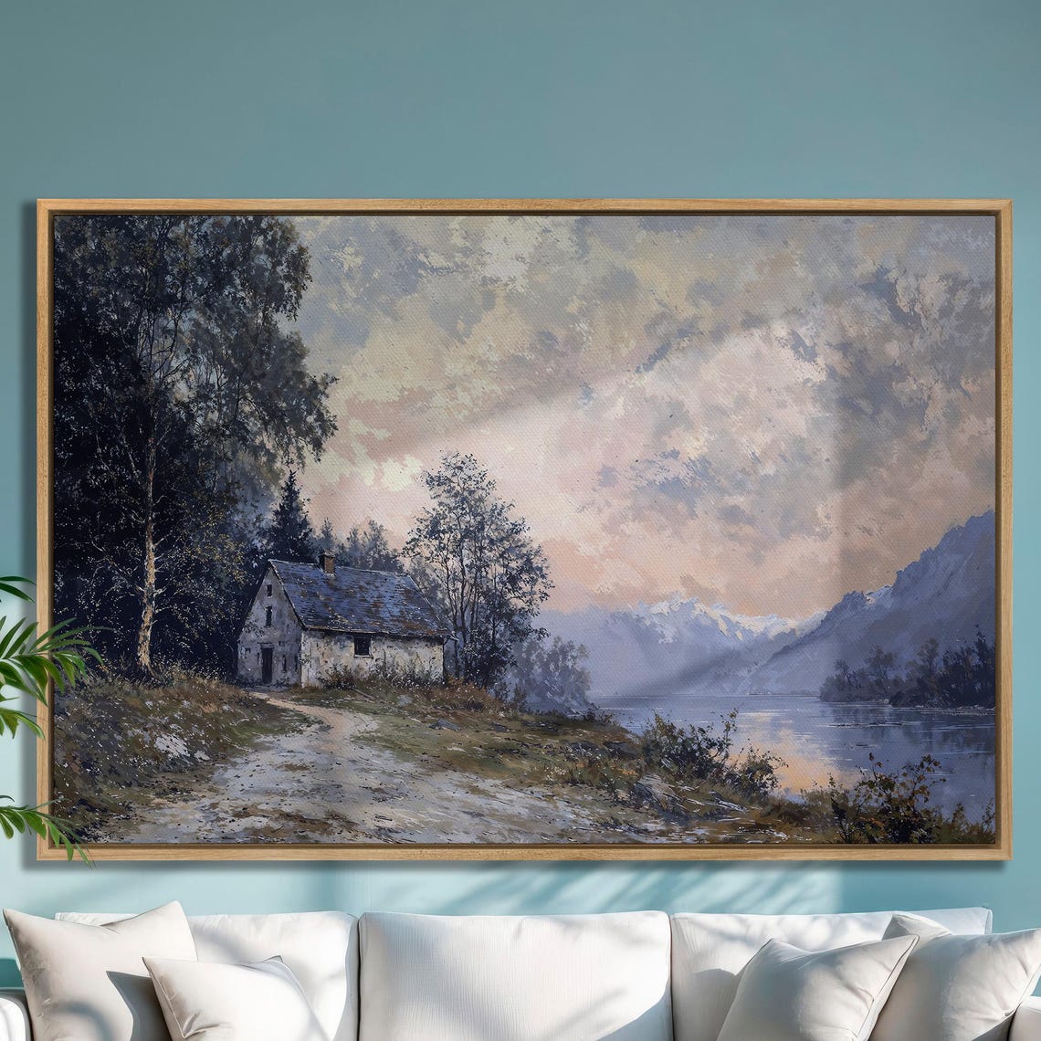 Rustic Cabin On Mountain Lake Framed Print Nature Landscape Wall Art Forest Misty Morning Home Wall Decor Ready To Hang