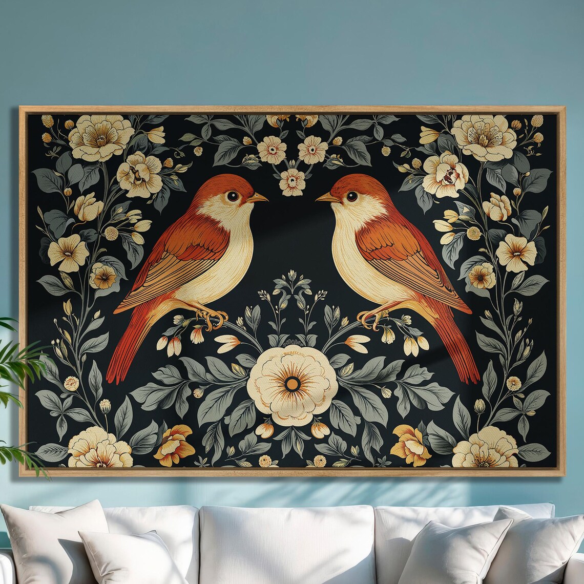 Pair of Red Songbirds in Vintage Botanical Art on Black Poster