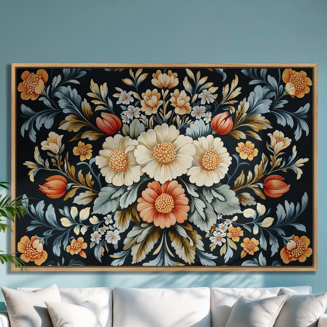 Dark Botanical Bouquet with Cream Blooms and Orange Tulips Poster