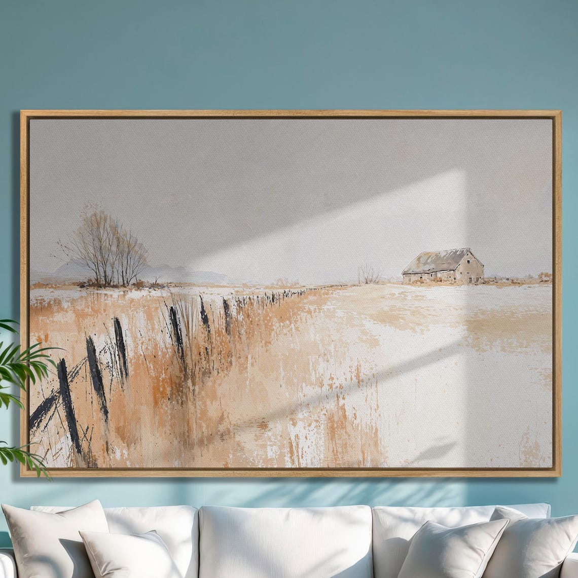 Lone Barn in Abstract Beige Wheat Field Minimalist Art Poster