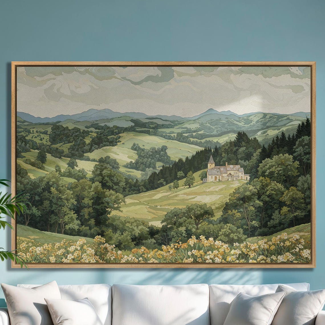 Serene Mountain Landscape With A Castle Framed Print Extra Large Countryside Wall Art Nature Scenery Wall Decor Ready To Hang