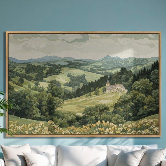 Serene Mountain Landscape With A Castle Framed Print Extra Large Countryside Wall Art Nature Scenery Wall Decor Ready To Hang