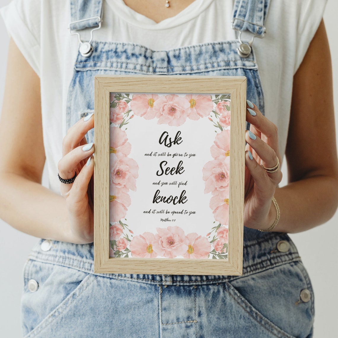 Ask Seek Knock Matthew 7 7 Pink Floral Watercolor Scripture Poster - Image 2