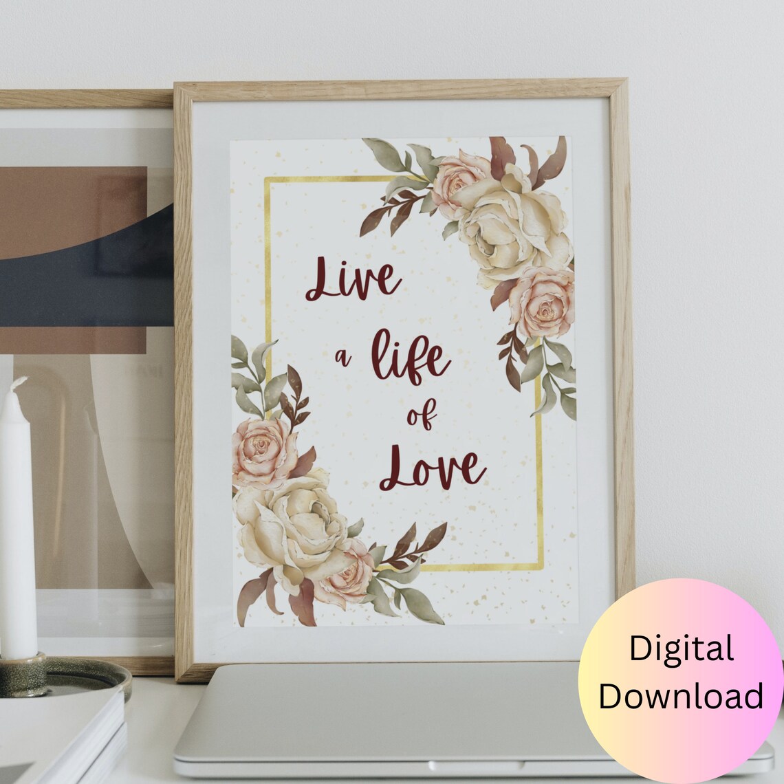 Live a Life of Love Blush Roses Gold Frame Floral Quote Wall Art - Image 2