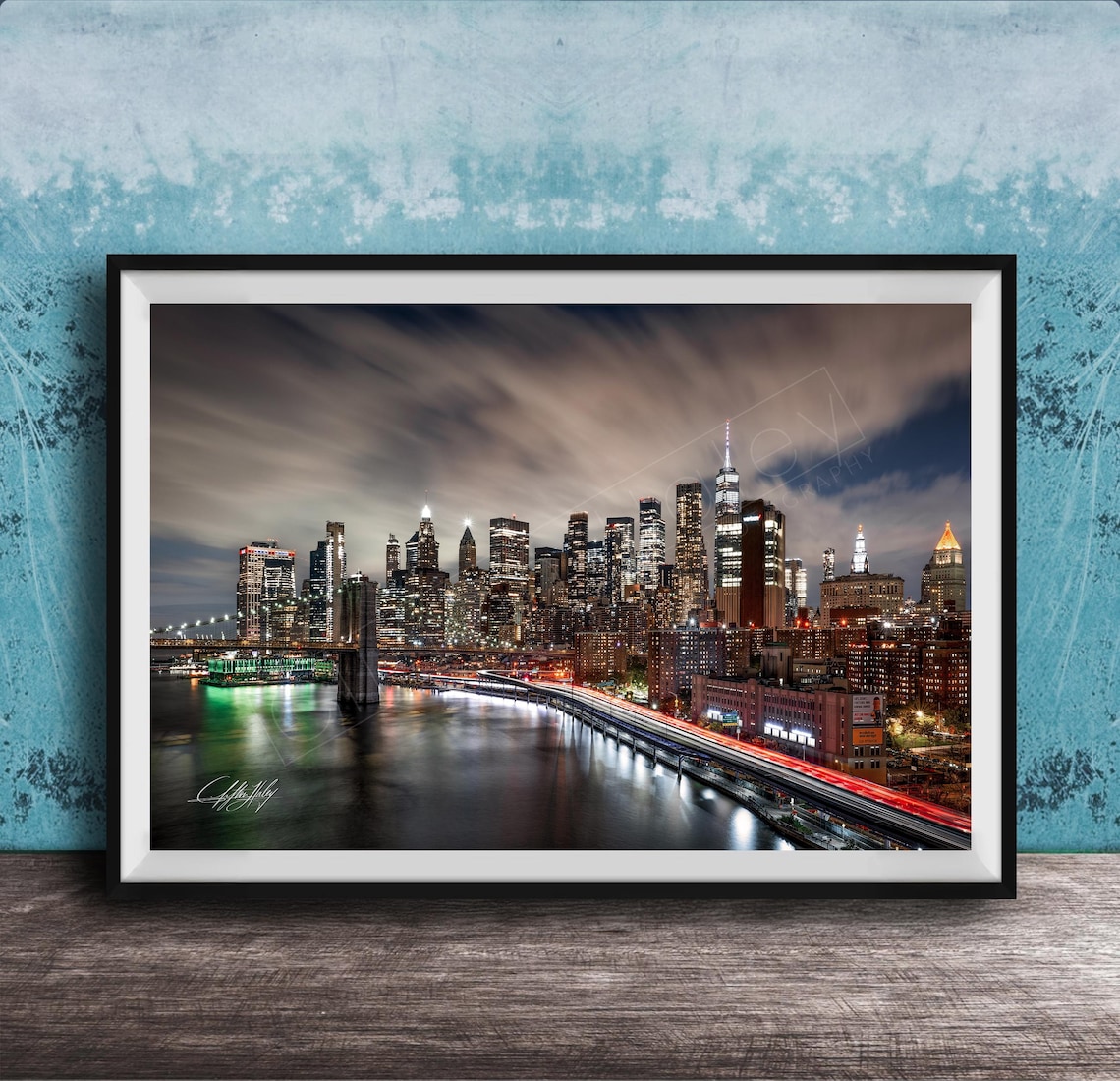 New York City Skyline Night Brooklyn Bridge Long Exposure Photo Poster