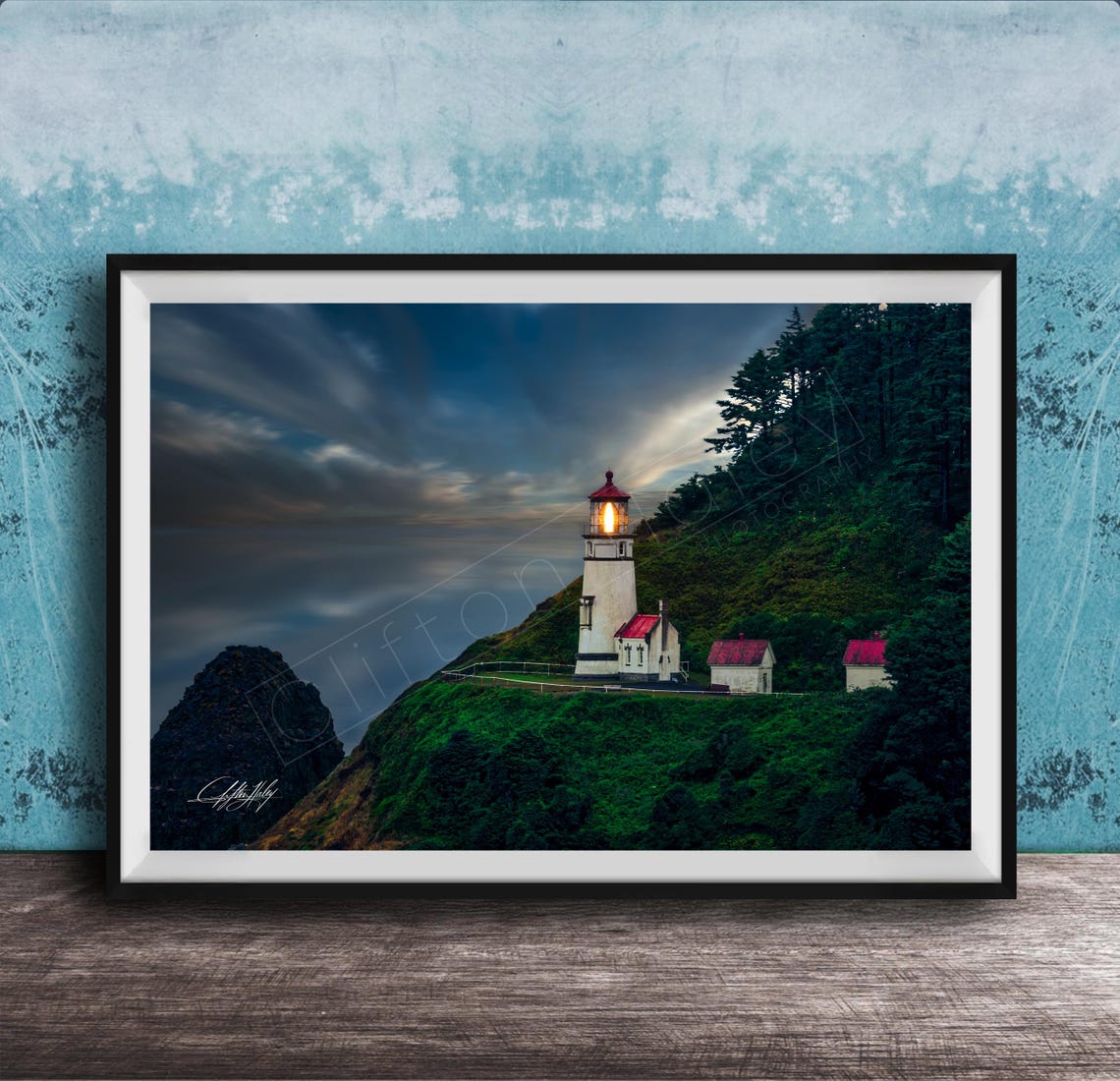 Heceta Lighthouse Glowing Light Oregon Coast Twilight Seascape Poster