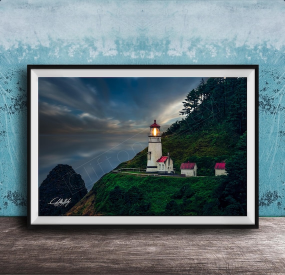Heceta Lighthouse Glowing Light Oregon Coast Twilight Seascape Poster