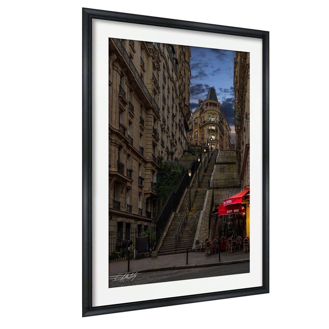 Paris Stone Staircase Street at Dusk Haussmann Buildings Photo Poster