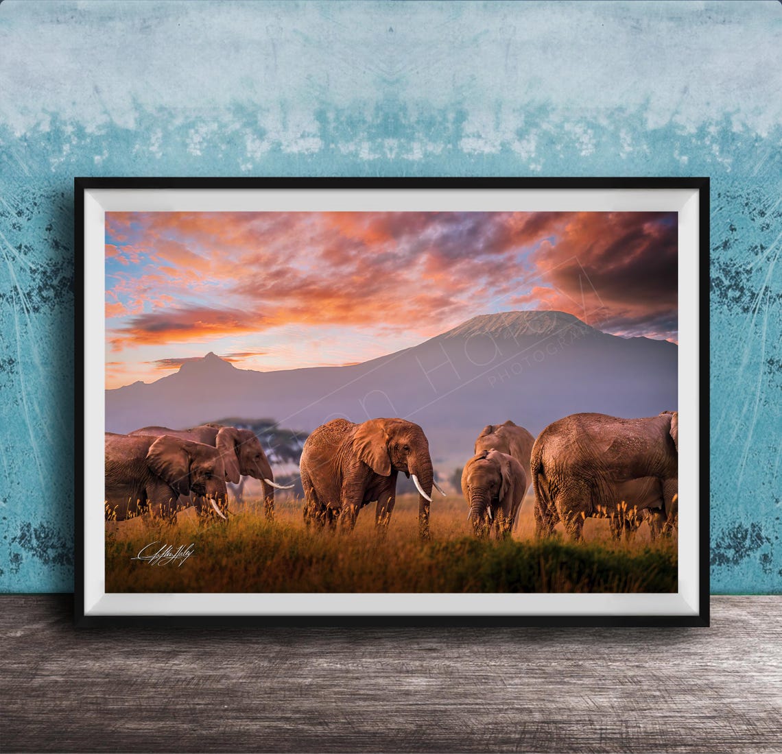 Elephant Wall Art Kilimanjaro Sunset Boho Rustic Safari Decor