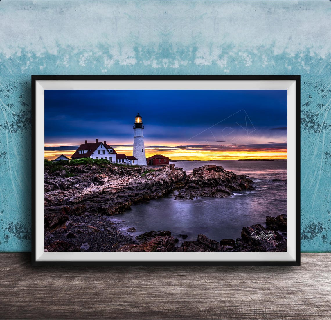 Portland Head Light Lighthouse Dramatic Sunset Rocky Coast Wall Art