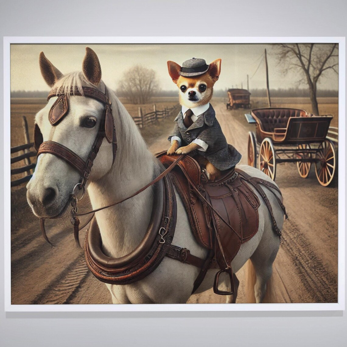 Chihuahua in Suit Riding White Horse Funny Vintage Dog Poster