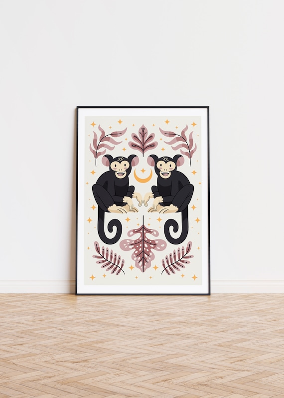 Twin Cartoon Monkeys Celestial Nursery Cute Kids Room Poster