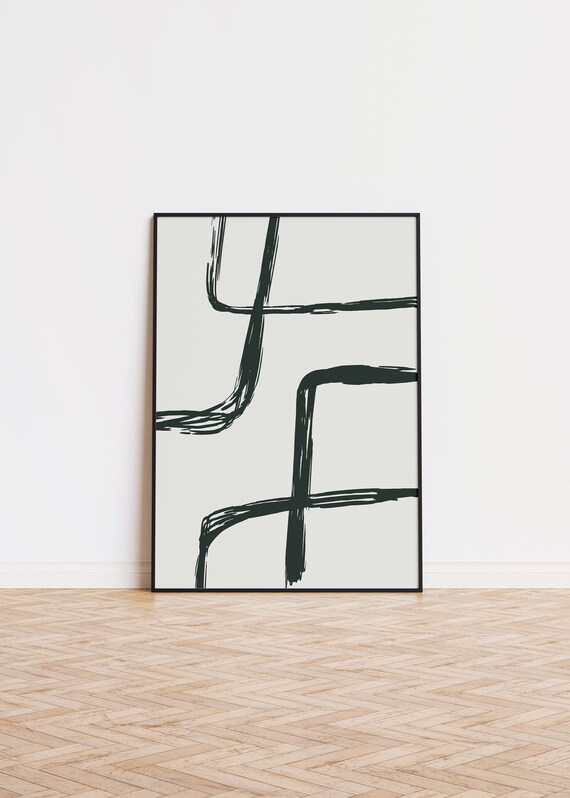 Expressive Dark Green Brush Lines Modern Abstract Minimalist Wall Art