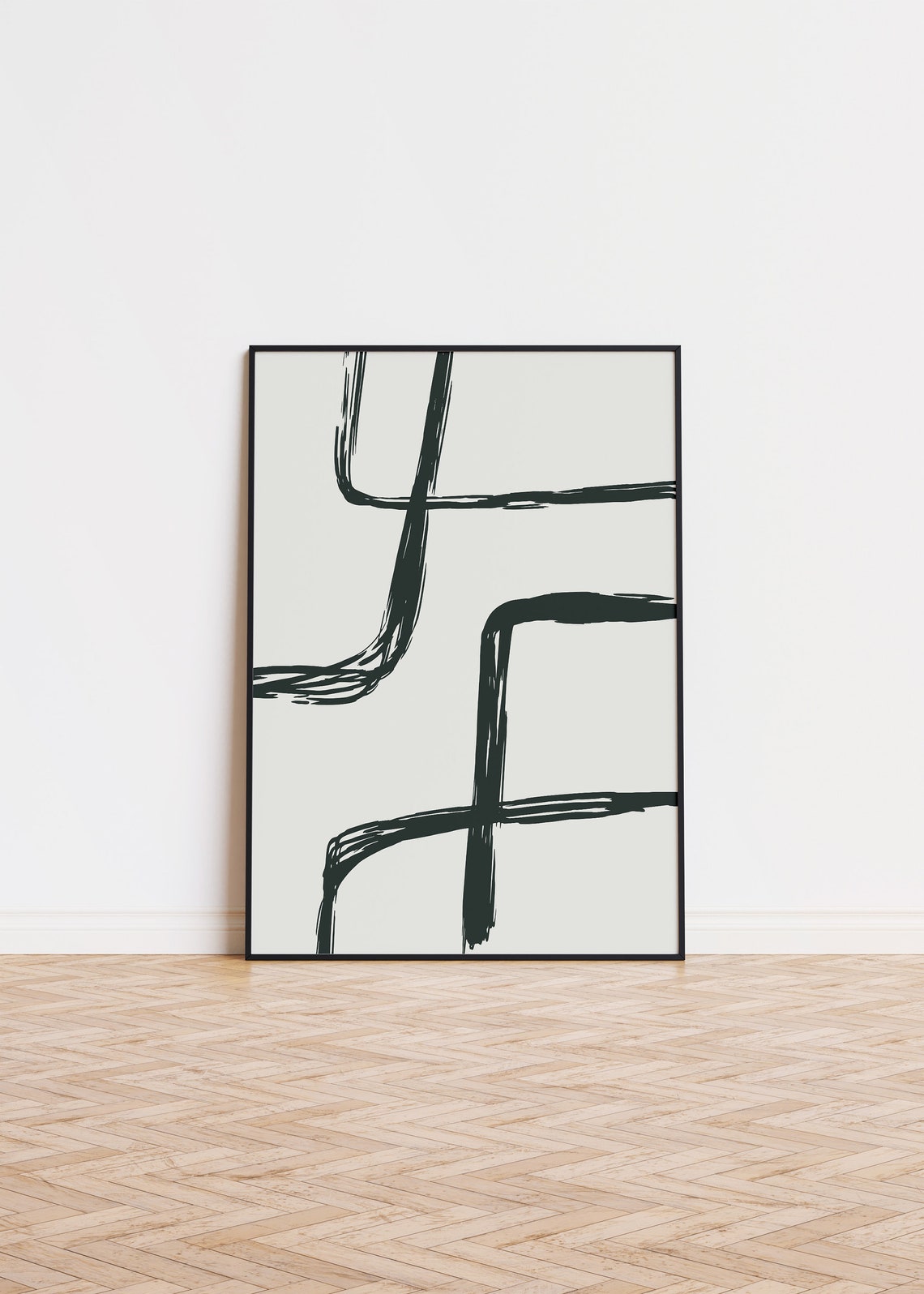 Expressive Dark Green Brush Lines Modern Abstract Minimalist Wall Art
