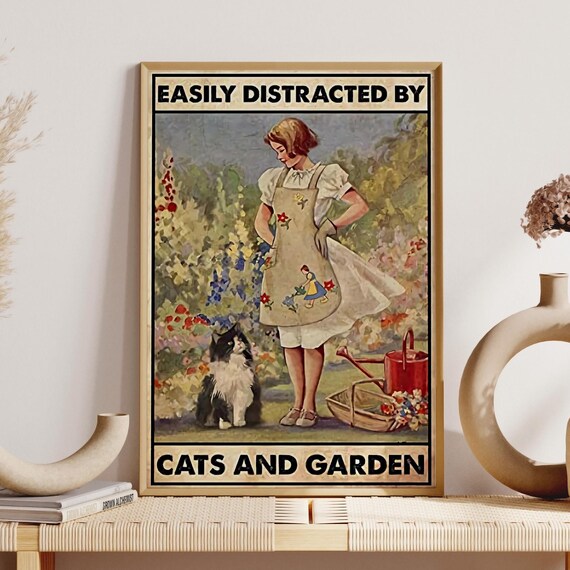Easily Distracted By Cats And Garden Vintage Girl And Cat Poster