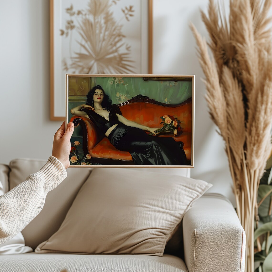 Reclining Woman In Black Satin Gown On Red Chaise Portrait Poster - Image 3