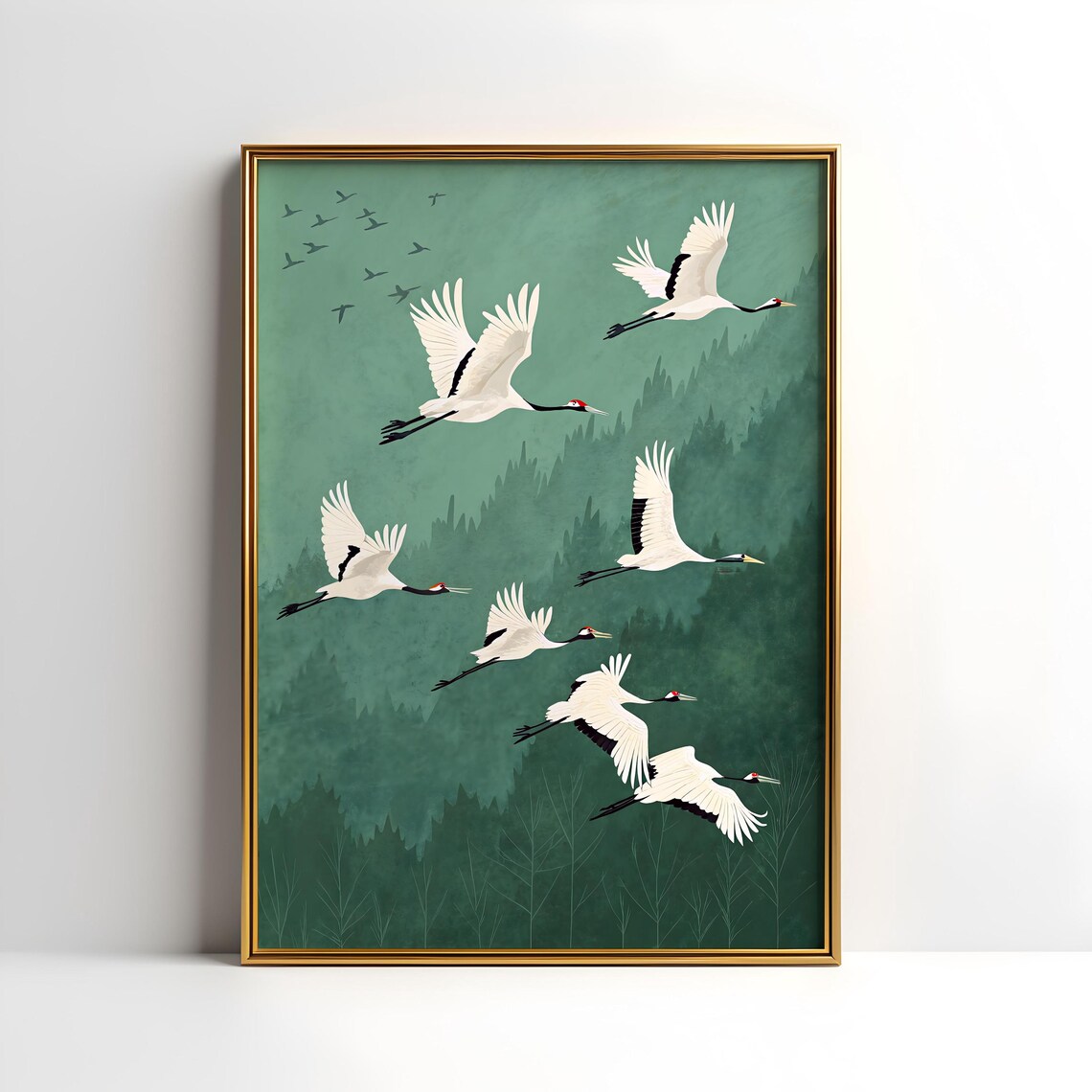 Emerald Cranes Art Print, Japanese Bird Artwork